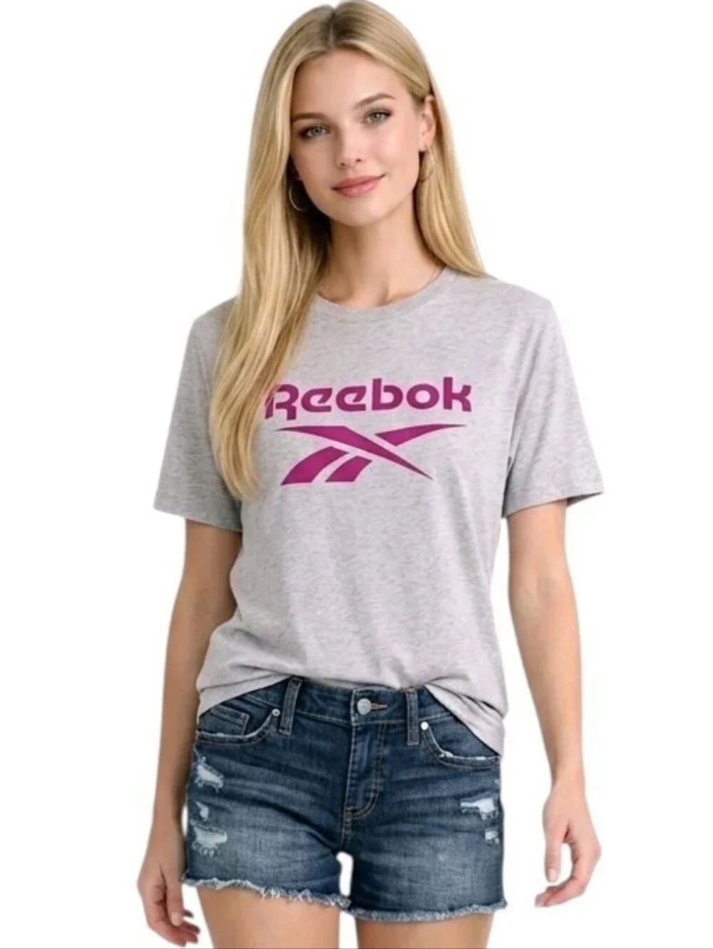 Reebok Light Gray Marl & Magenta Identity Big Logo Cotton T-Shirt Size M